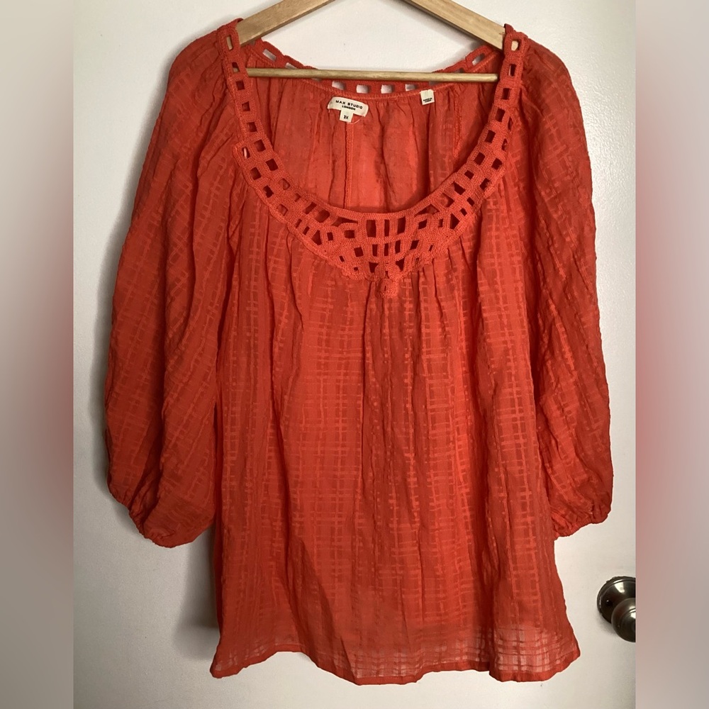 NWOT Max Studio Terracotta Cotton Blouse with Crochet Neckline 3X